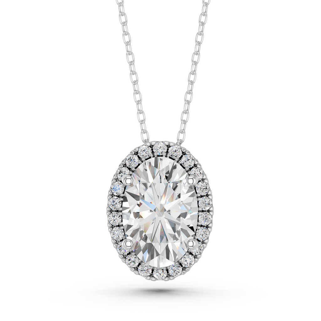 Oval Lab Diamond Halo Pendant in 14K White Gold – top view