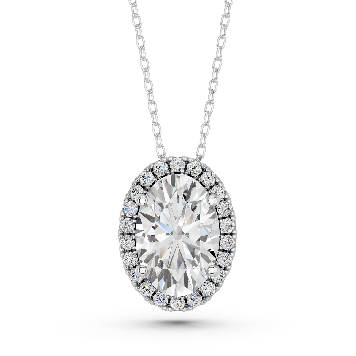 Oval Lab Diamond Halo Pendant in 14K White Gold – top view