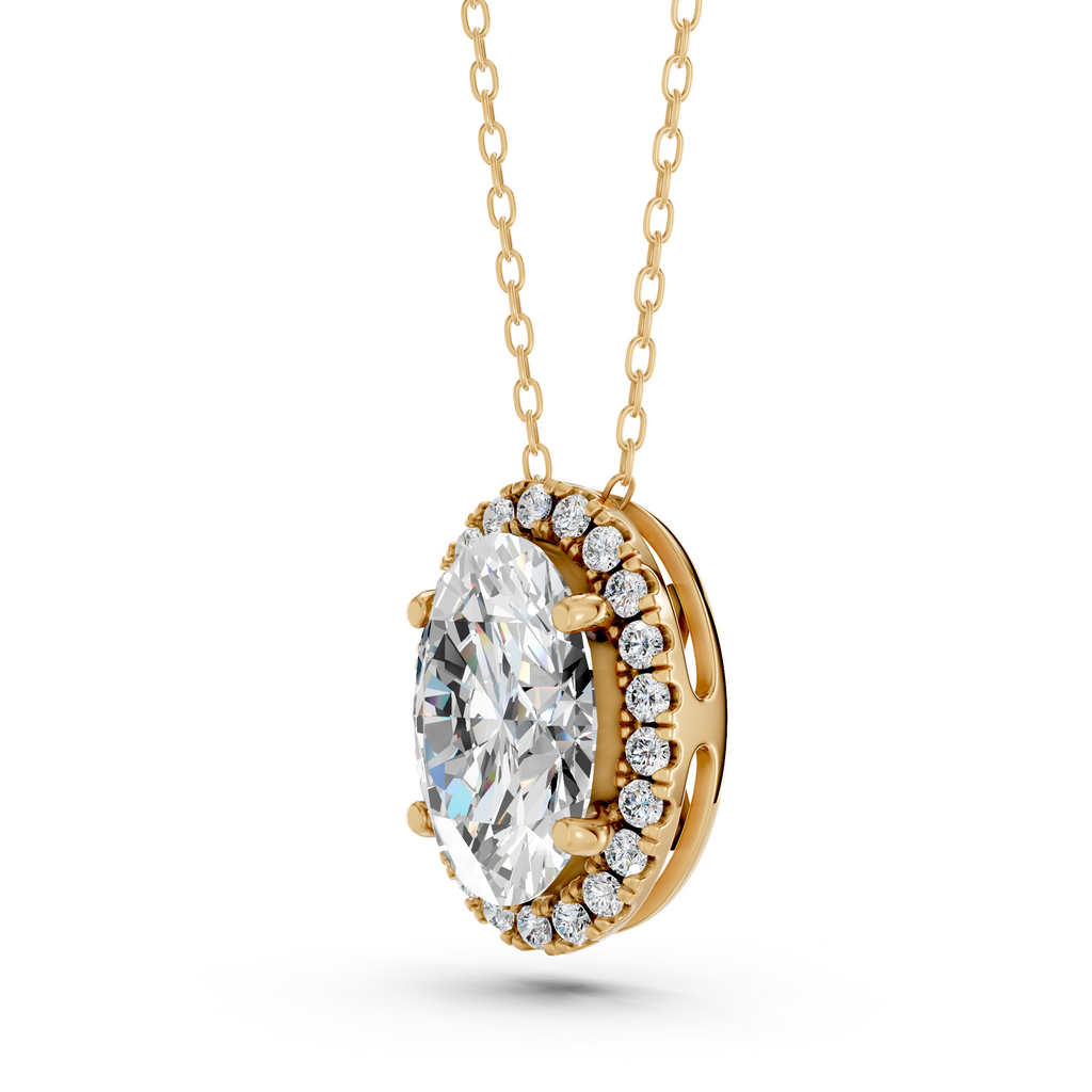 Oval Lab Diamond Halo Pendant in 14K Yellow Gold – angled view