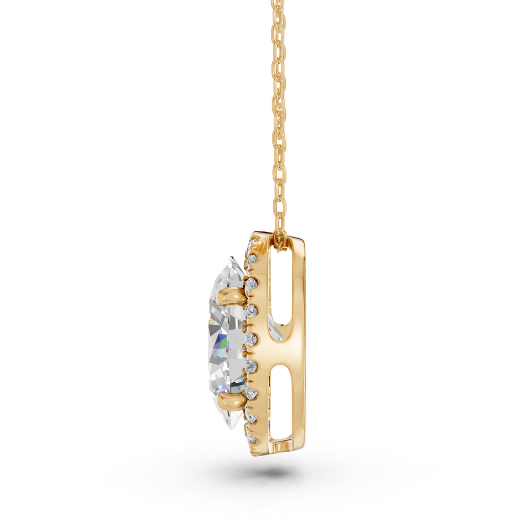 Oval Lab Diamond Halo Pendant in 14K Yellow Gold – side view