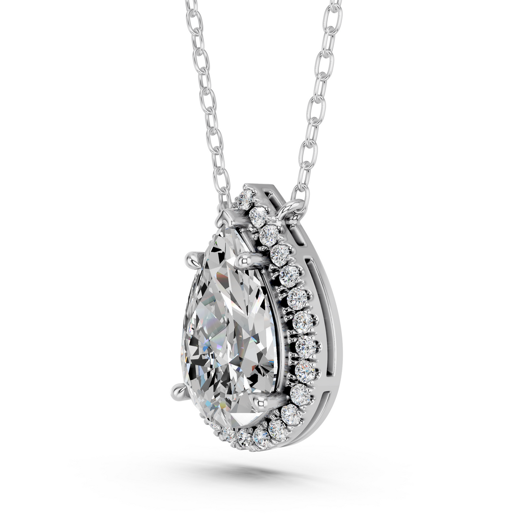 Pear Lab Diamond Halo Necklace in 14K White Gold – angled view