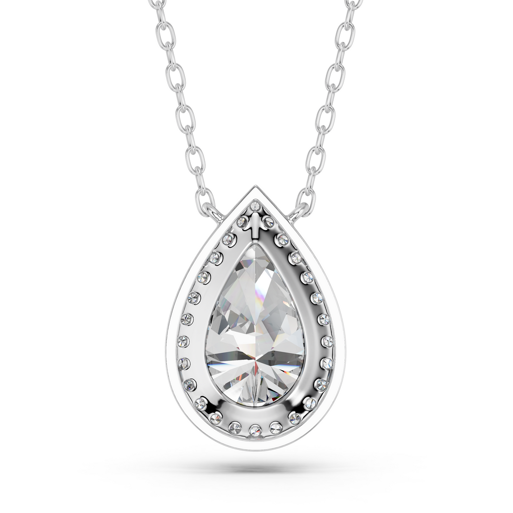 Pear Lab Diamond Halo Necklace in 14K White Gold – back view