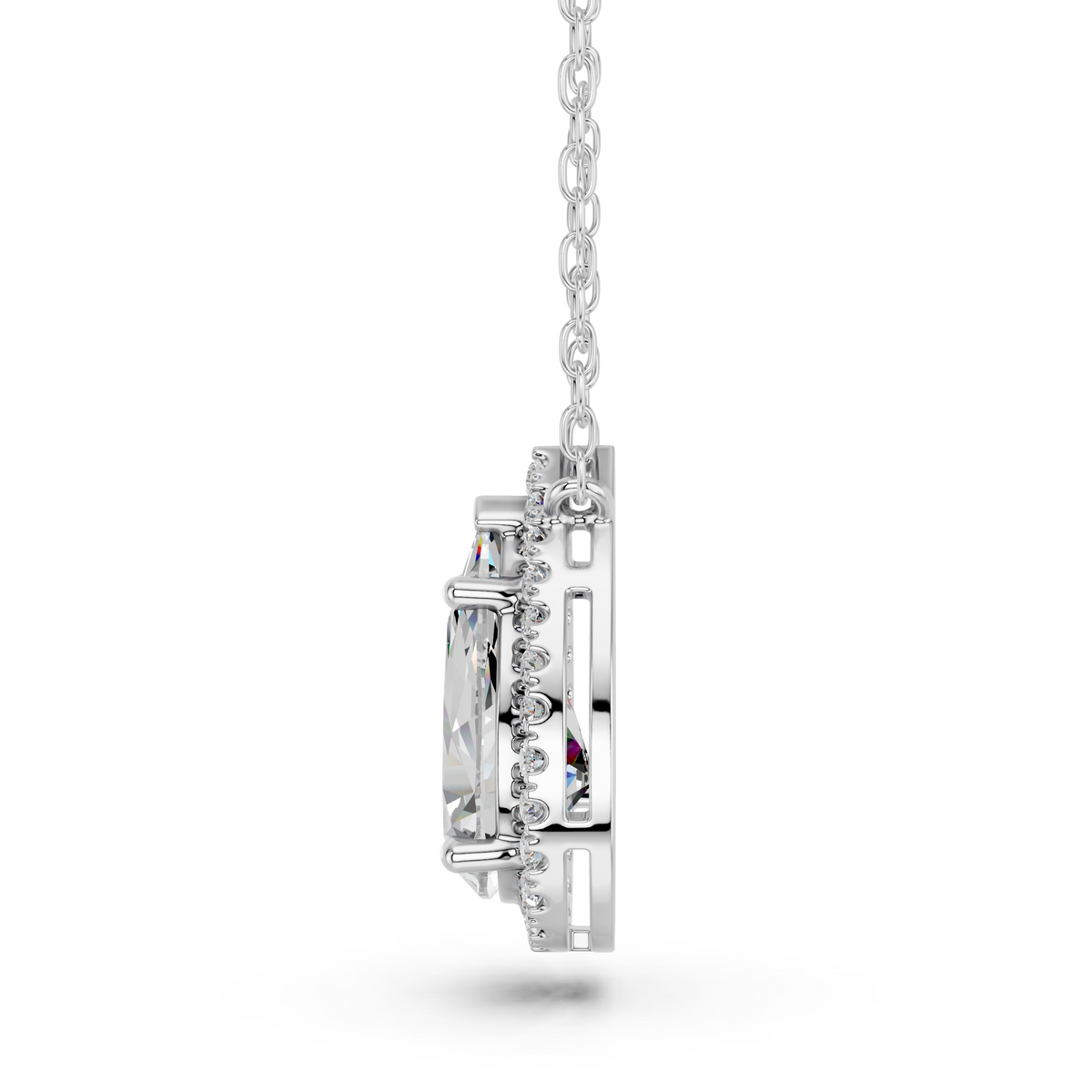 Pear Lab Diamond Halo Necklace in 14K White Gold – side view