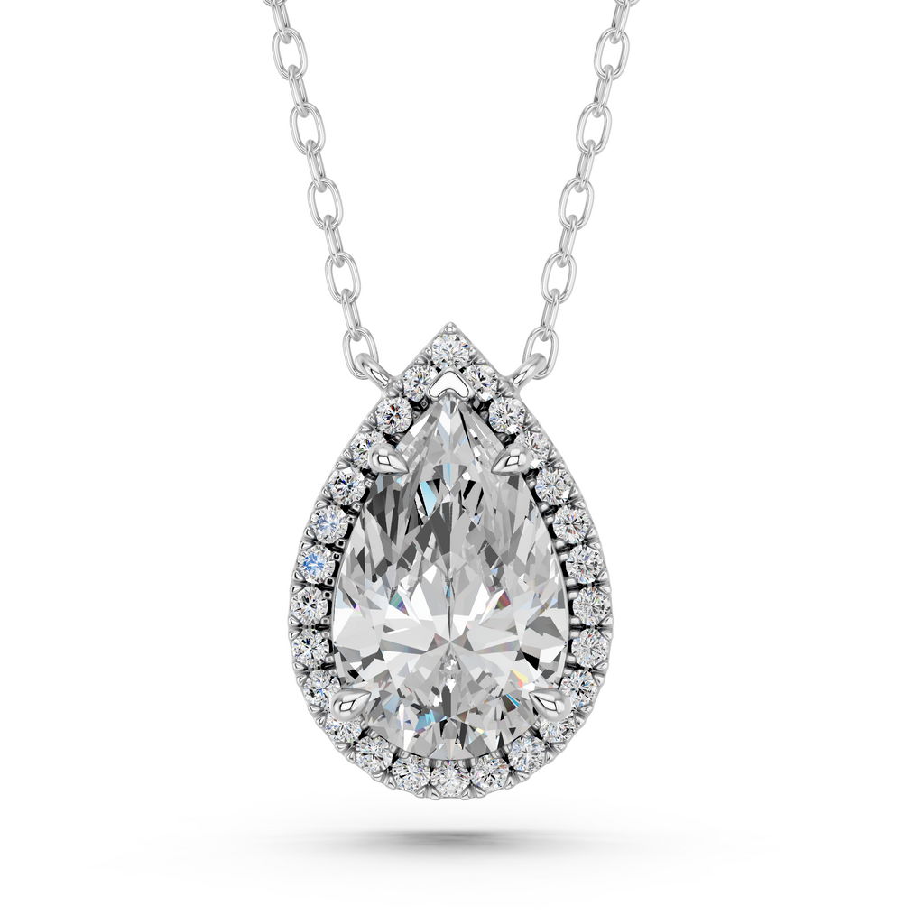 Pear Lab Diamond Halo Necklace in 14K White Gold – top view
