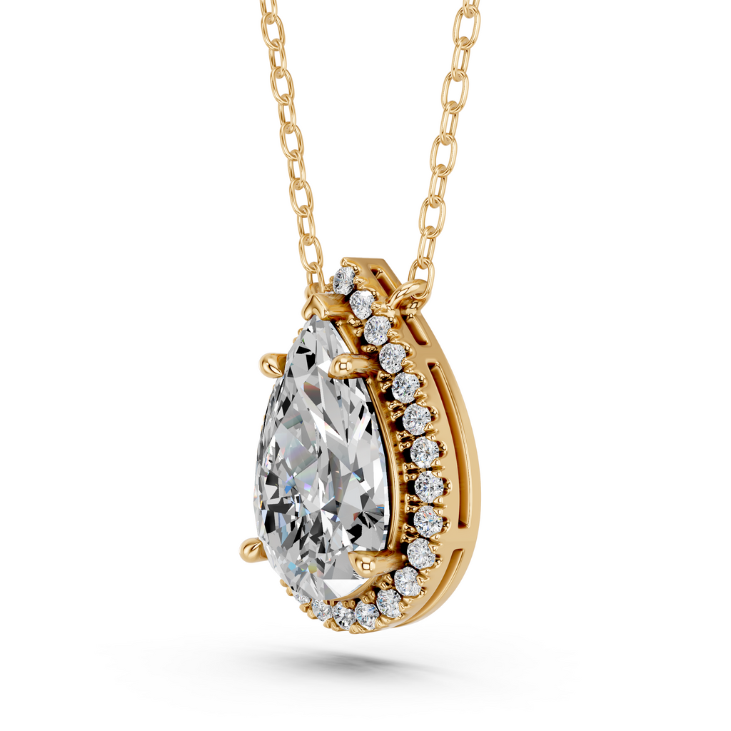 Pear Lab Diamond Halo Necklace in 14K Yellow Gold – angled view