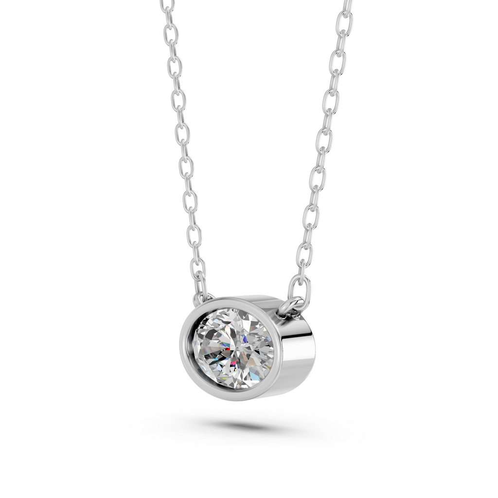 Oval Lab Diamond Bezel Necklace in 14K White Gold – angled view