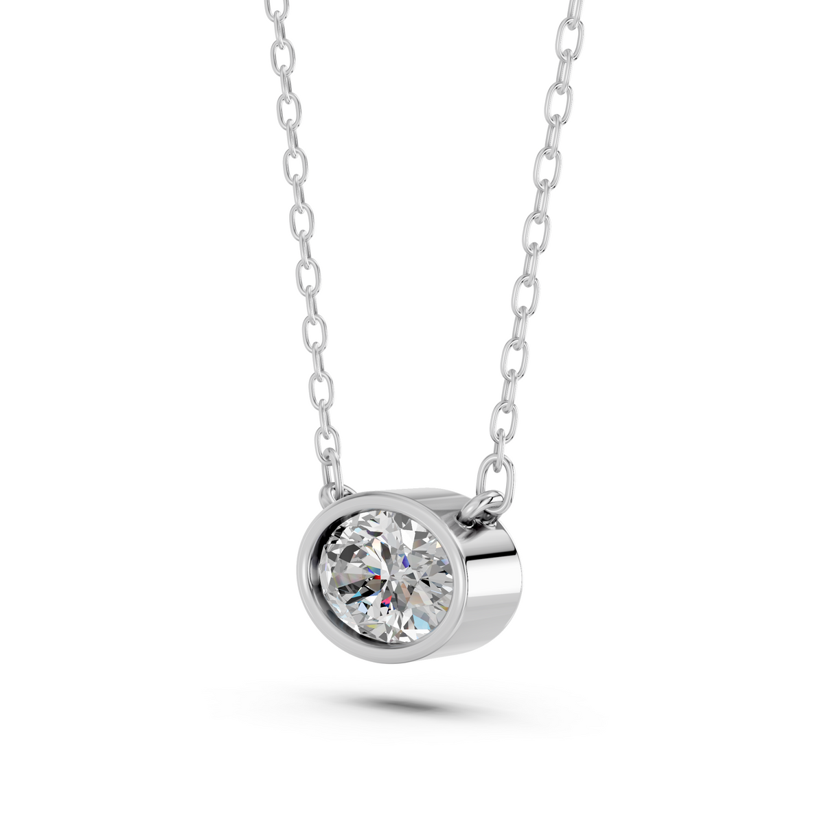 Oval Lab Diamond Bezel Necklace in 14K White Gold – angled view