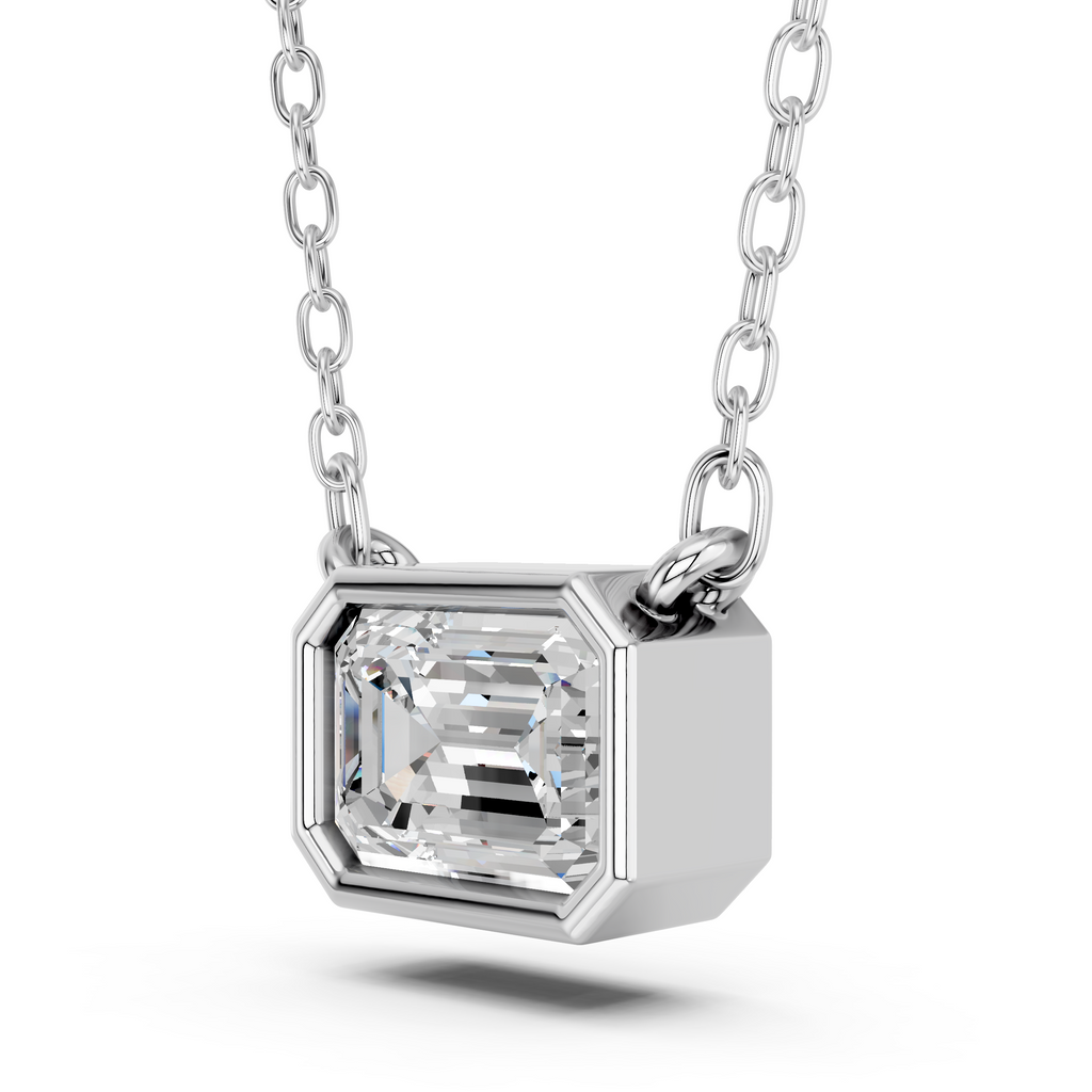 Emerald Cut Lab Diamond Solitaire Bezel Necklace in 14K White Gold – angled view