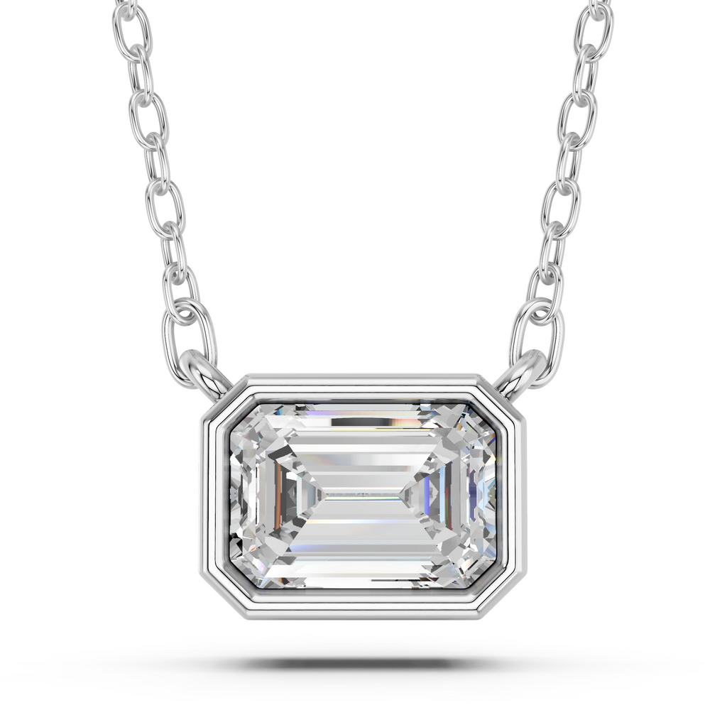 Emerald Cut Lab Diamond Solitaire Bezel Necklace in 14K White Gold – top view