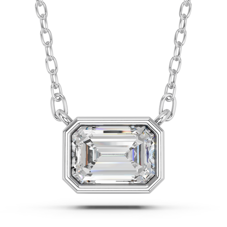 Emerald Cut Lab Diamond Solitaire Bezel Necklace in 14K White Gold – top view