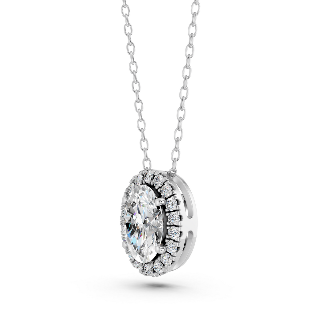Oval Lab Diamond Halo Pendant in 14K White Gold – angled view