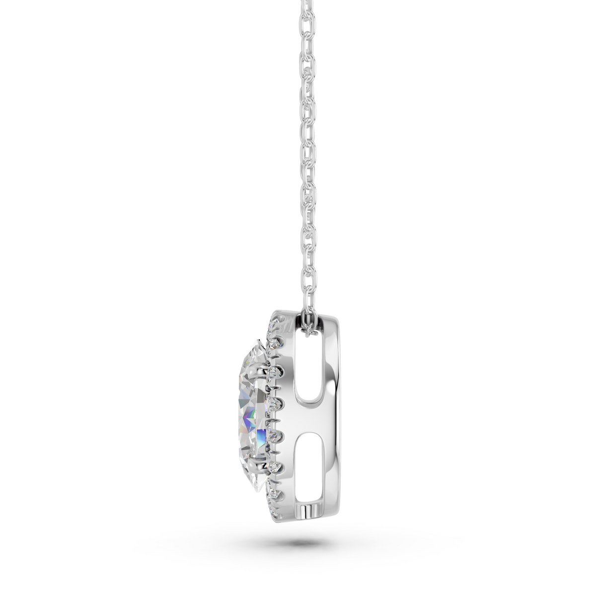 Oval Lab Diamond Halo Pendant in 14K White Gold – side view