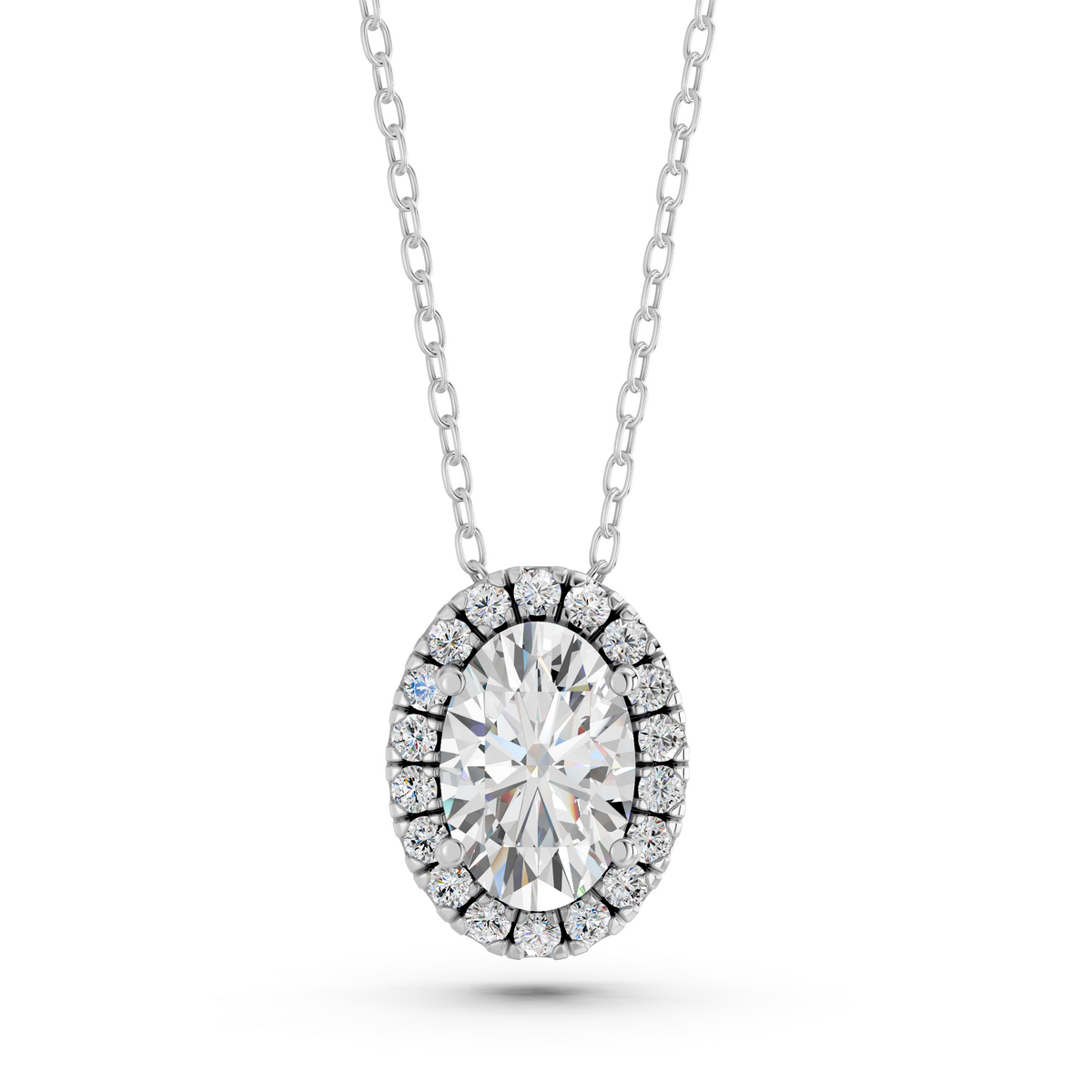 Oval Lab Diamond Halo Pendant in 14K White Gold – top view
