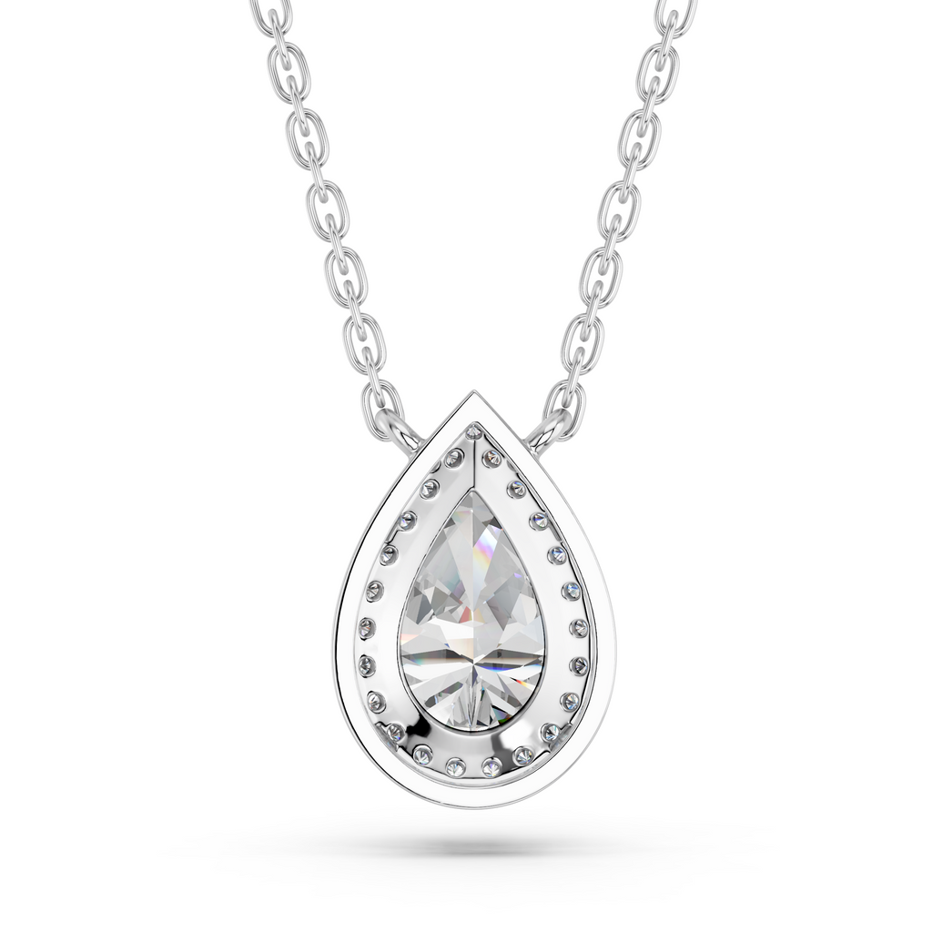 Pear Lab Diamond Halo Necklace in 14K White Gold – back view