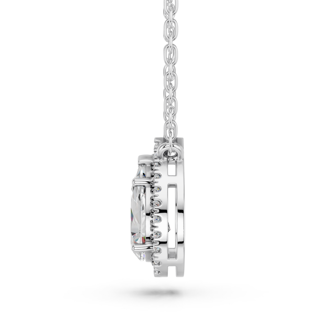 Pear Lab Diamond Halo Necklace in 14K White Gold – side view