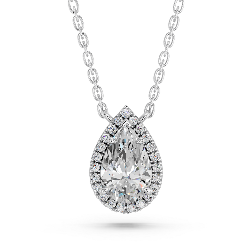 Pear Lab Diamond Halo Necklace in 14K White Gold – top view