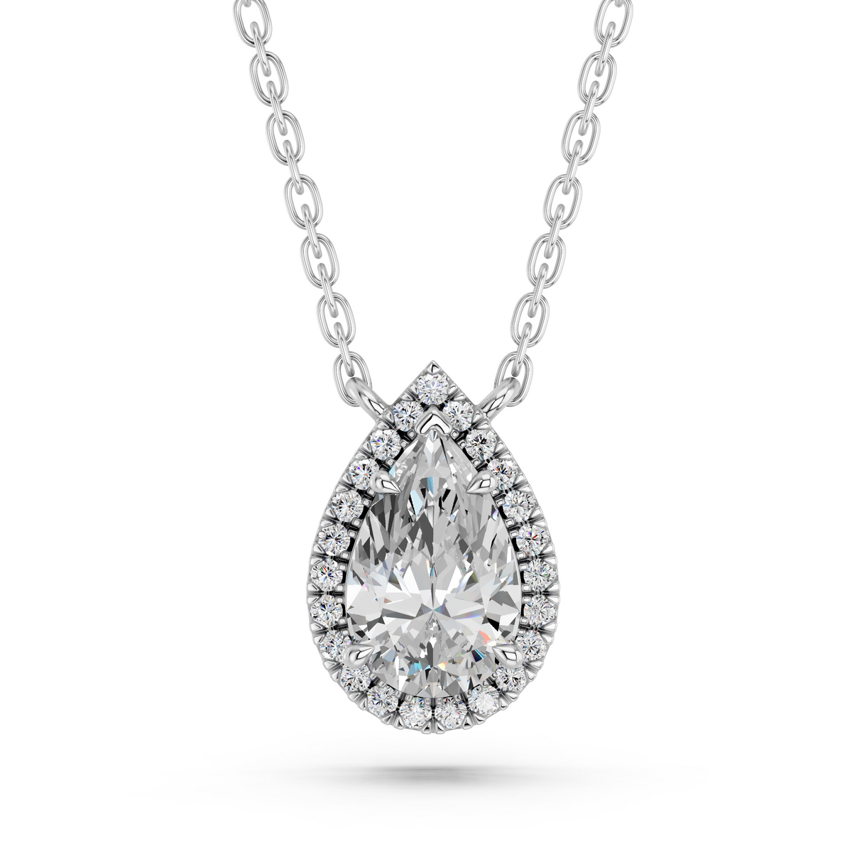 Pear Lab Diamond Halo Necklace in 14K White Gold – top view
