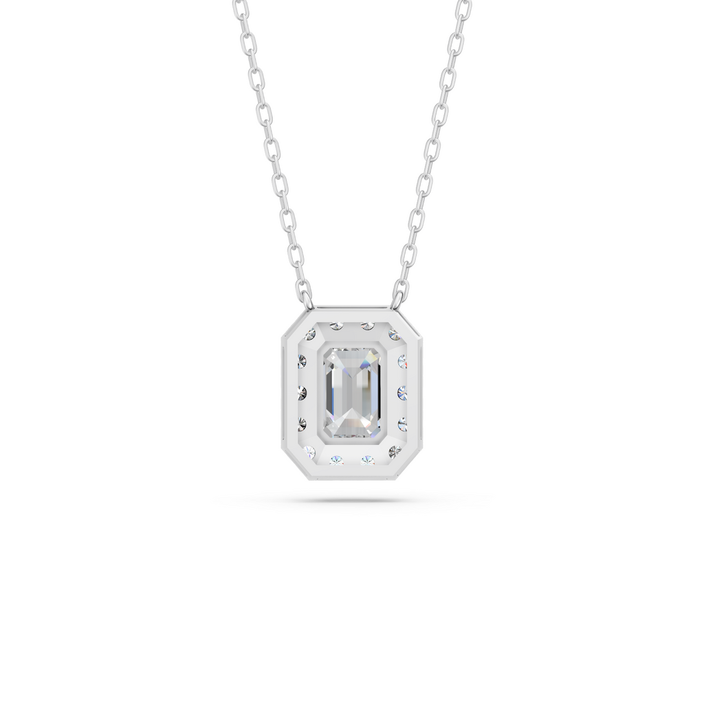 Emerald Cut Lab Diamond Halo Necklace in 14K White Gold – back view