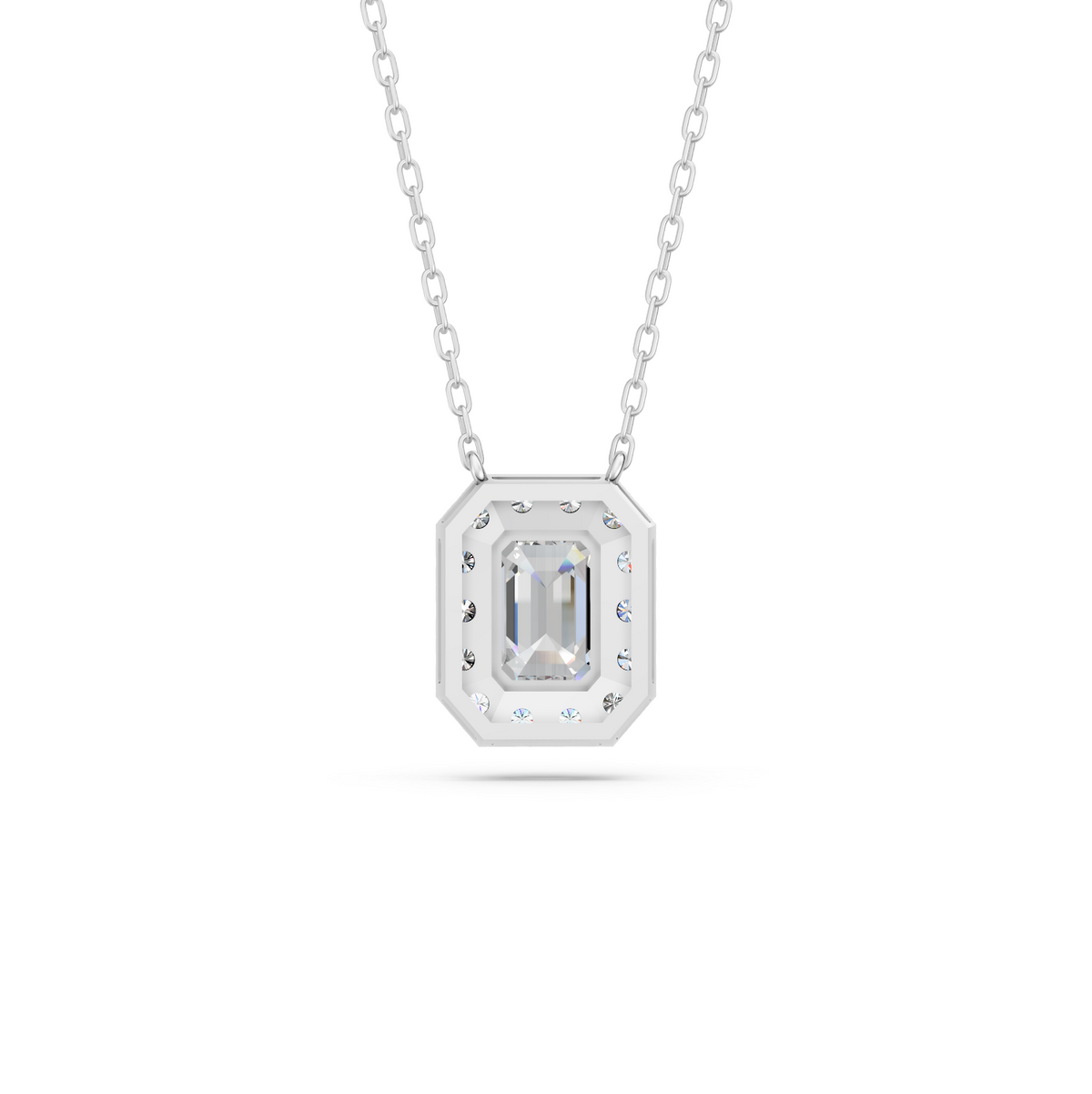 Emerald Cut Lab Diamond Halo Necklace in 14K White Gold – back view