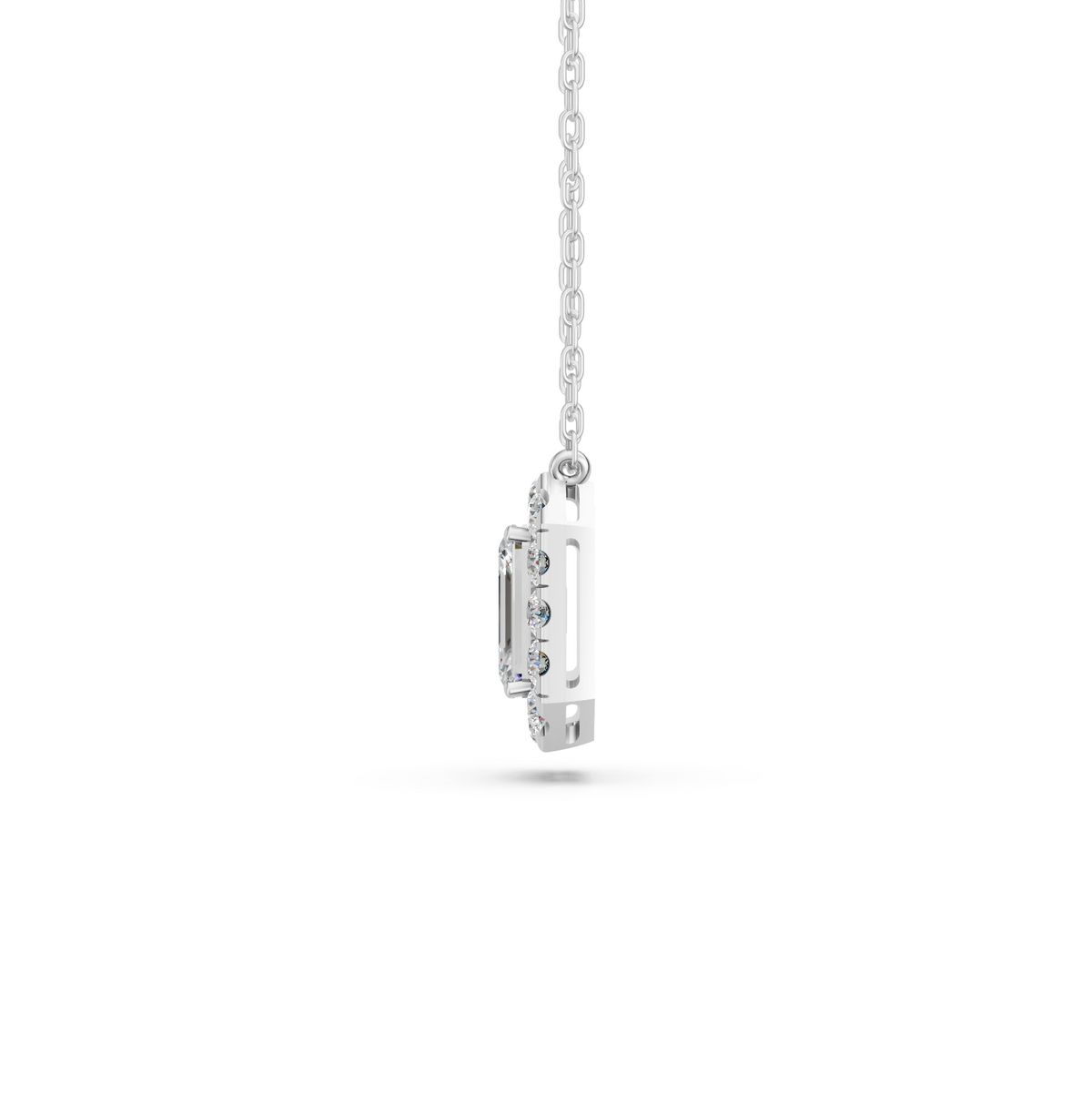 Emerald Cut Lab Diamond Halo Necklace in 14K White Gold – side view