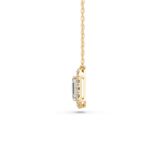Emerald Cut Lab Diamond Halo Necklace in 14K Yellow Gold – side view