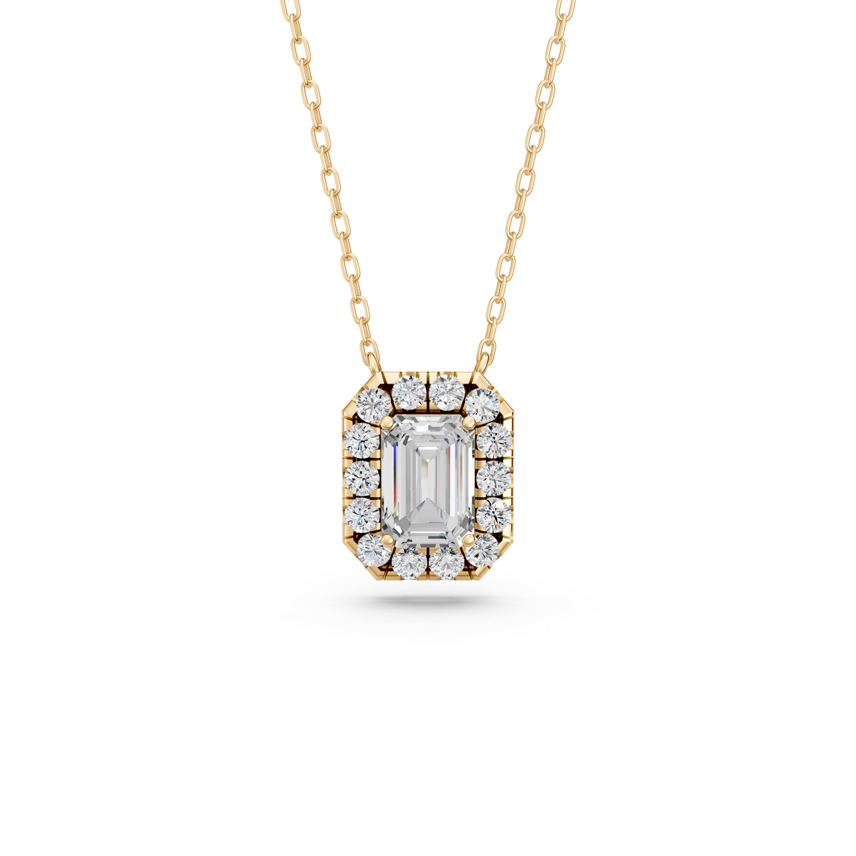 Emerald Cut Lab Diamond Halo Necklace in 14K Yellow Gold – top view