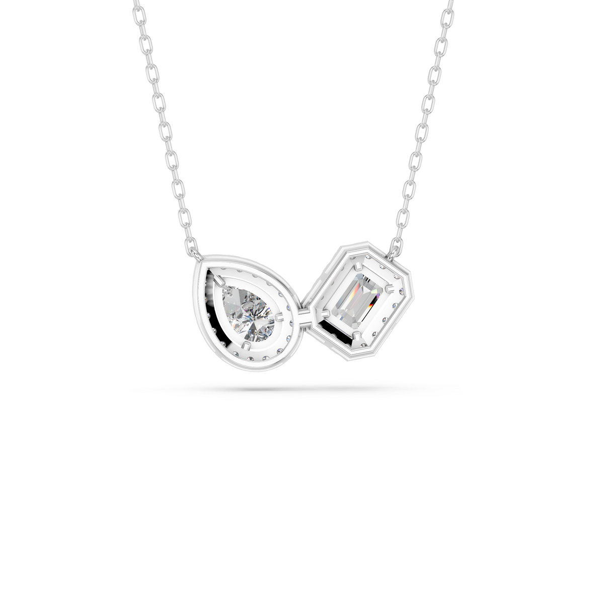 Emerald Cut And Pear Lab Diamond 2 Stone Halo Necklace in 14K White Gold – back view