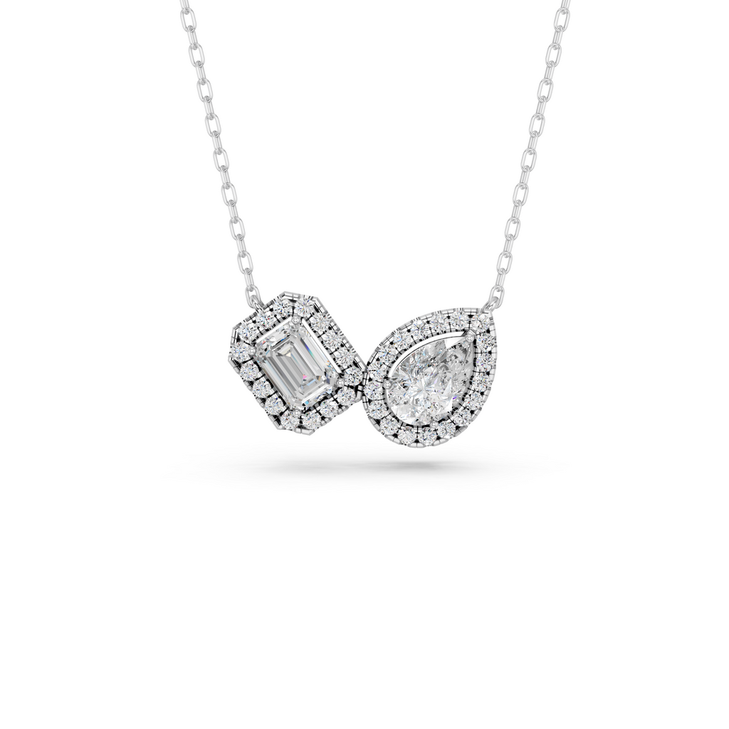Emerald Cut And Pear Lab Diamond 2 Stone Halo Necklace in 14K White Gold – top view