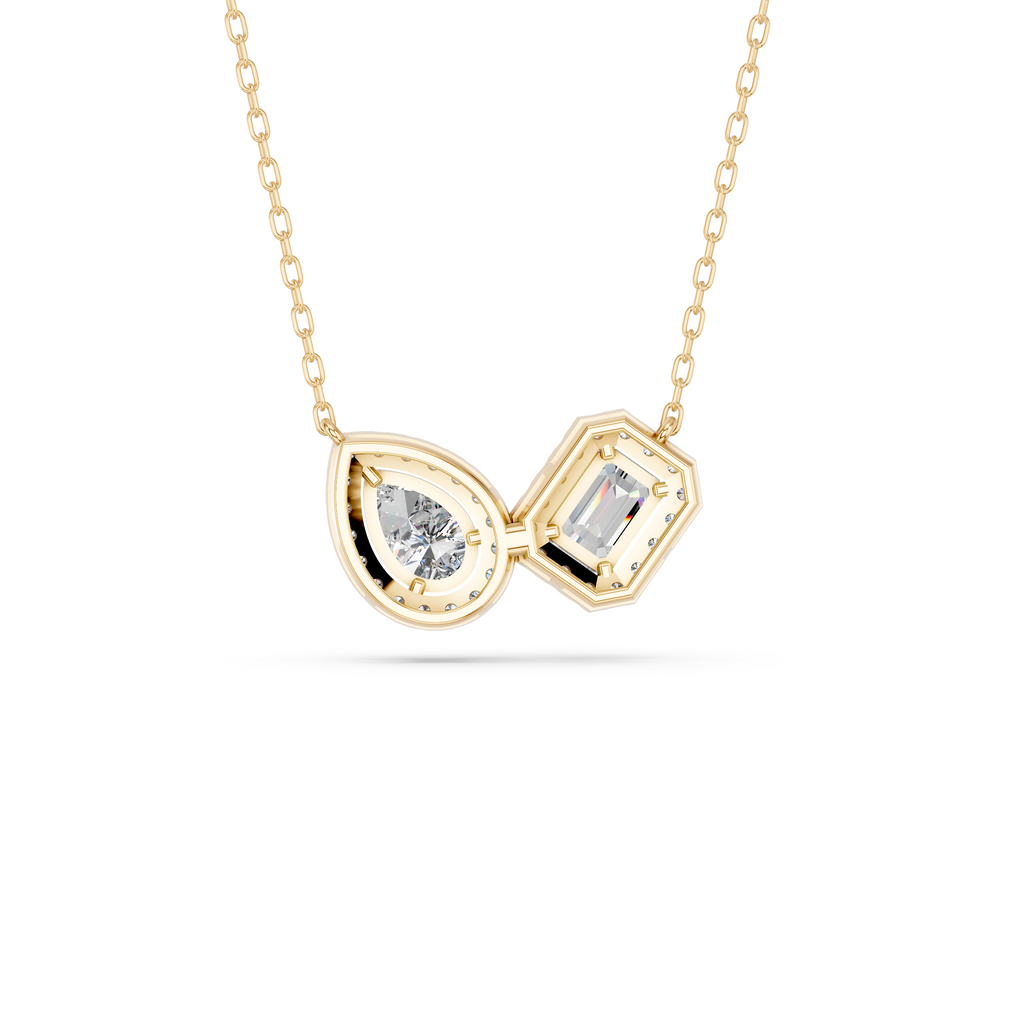 Emerald Cut And Pear Lab Diamond 2 Stone Halo Necklace in 14K Yellow Gold – back view