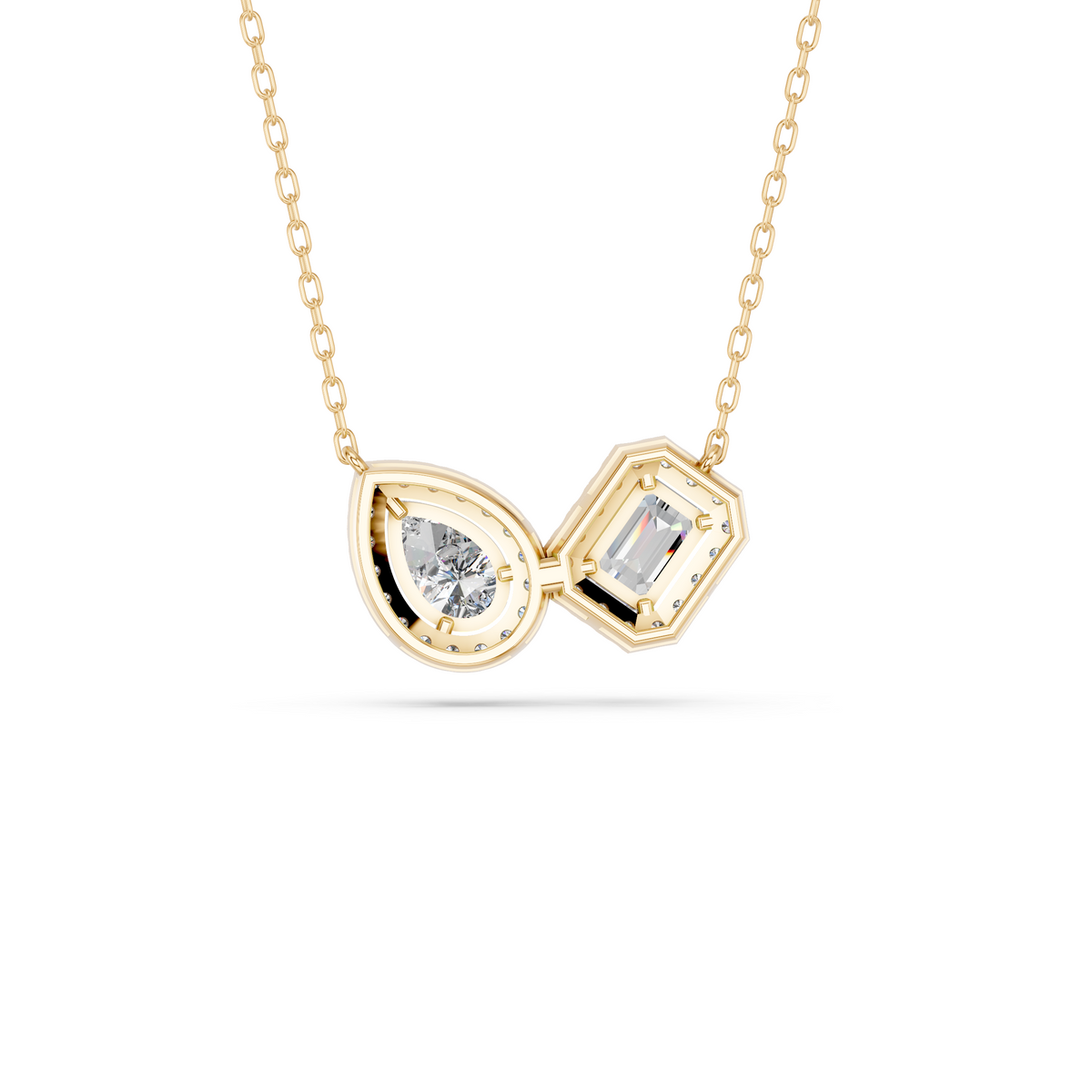 Emerald Cut And Pear Lab Diamond 2 Stone Halo Necklace in 14K Yellow Gold – back view