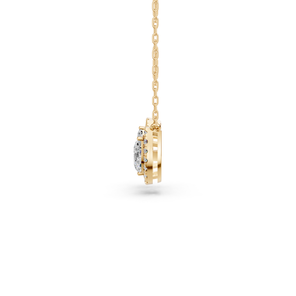 Emerald Cut And Pear Lab Diamond 2 Stone Halo Necklace in 14K Yellow Gold – side view
