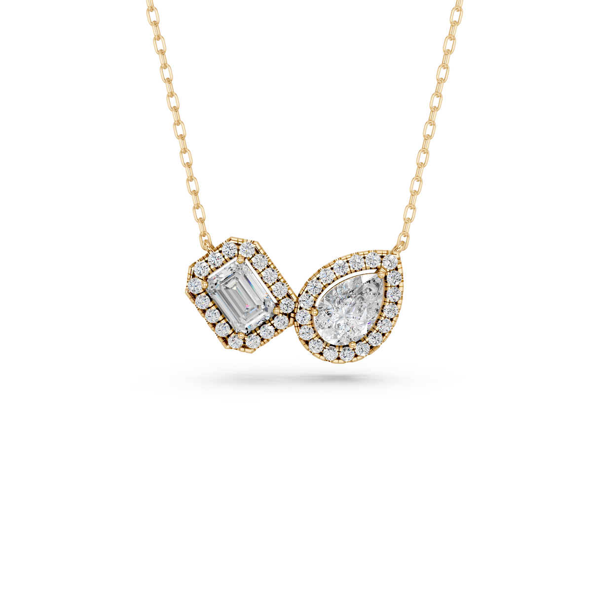 Emerald Cut And Pear Lab Diamond 2 Stone Halo Necklace in 14K Yellow Gold – top view