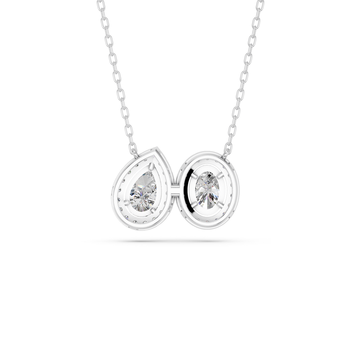 Oval And Pear Lab Diamond 2 Stone Halo Necklace in 14K White Gold – back view