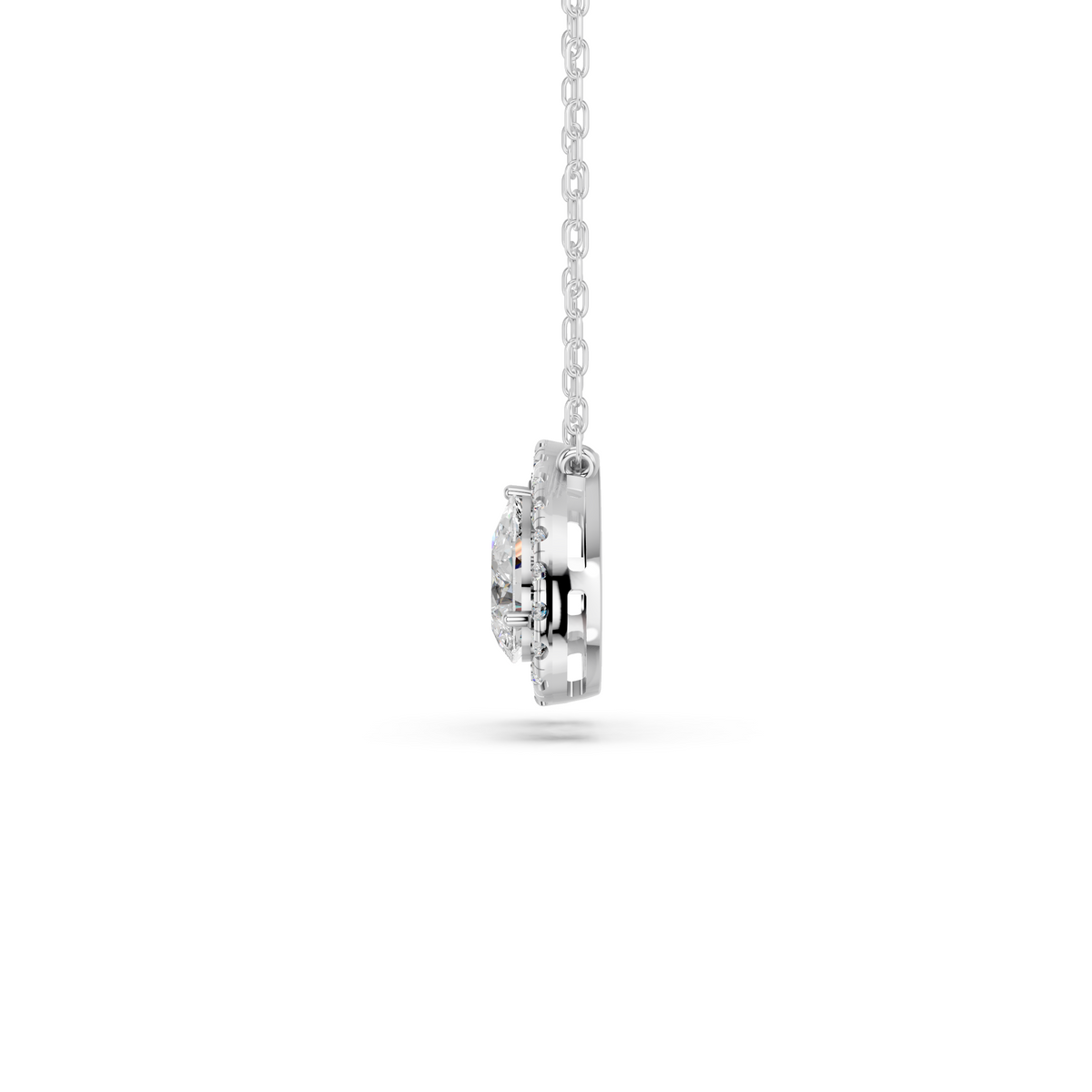 Oval And Pear Lab Diamond 2 Stone Halo Necklace in 14K White Gold – side view