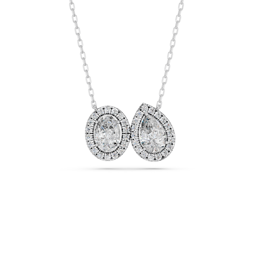 Oval And Pear Lab Diamond 2 Stone Halo Necklace in 14K White Gold – top view