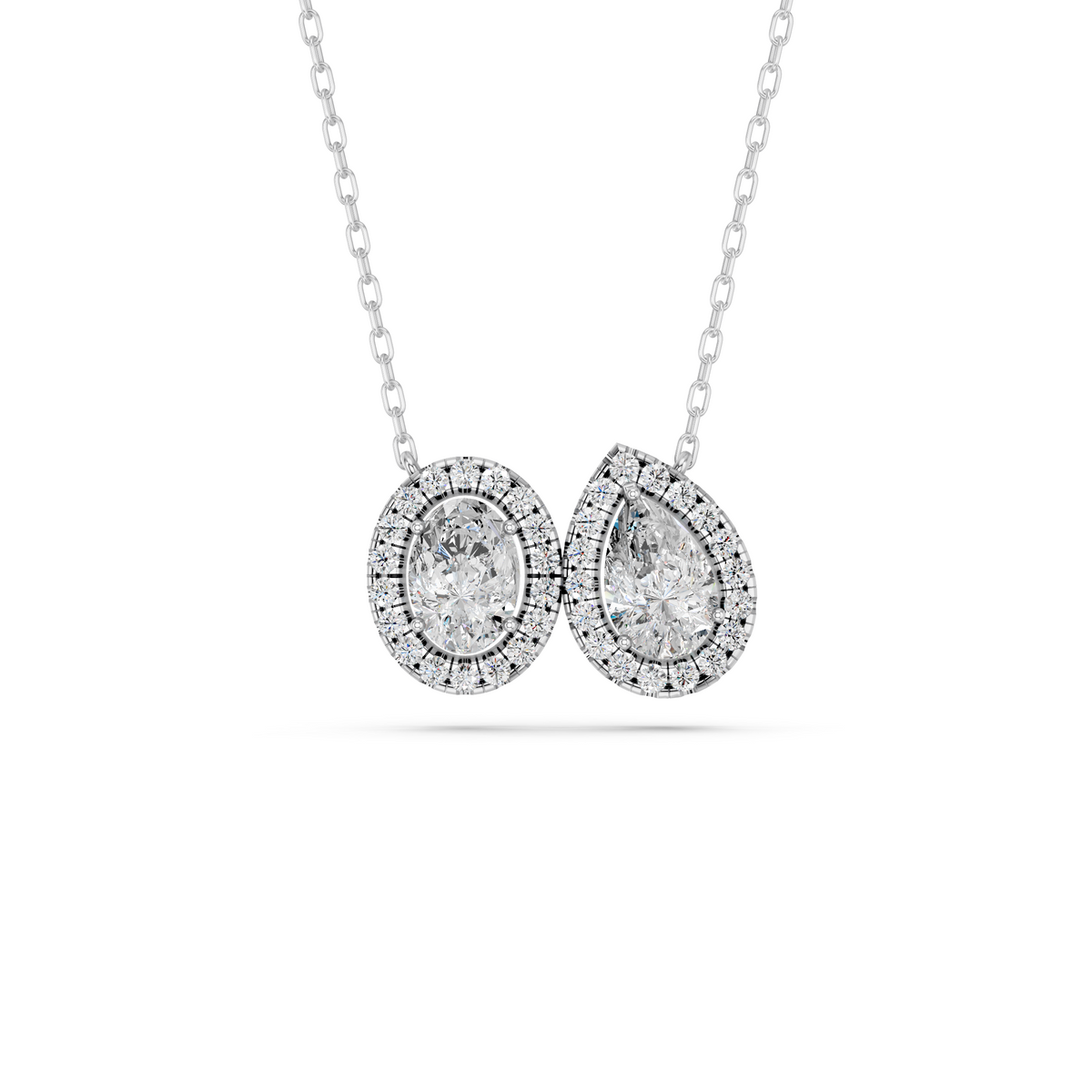 Oval And Pear Lab Diamond 2 Stone Halo Necklace in 14K White Gold – top view