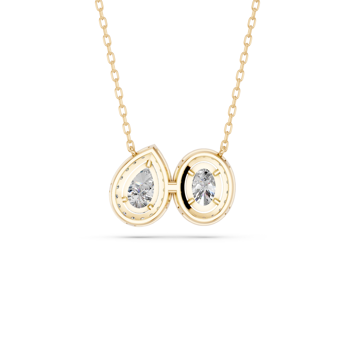 Oval And Pear Lab Diamond 2 Stone Halo Necklace in 14K Yellow Gold – back view
