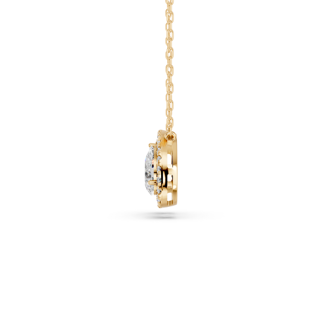 Oval And Pear Lab Diamond 2 Stone Halo Necklace in 14K Yellow Gold – side view