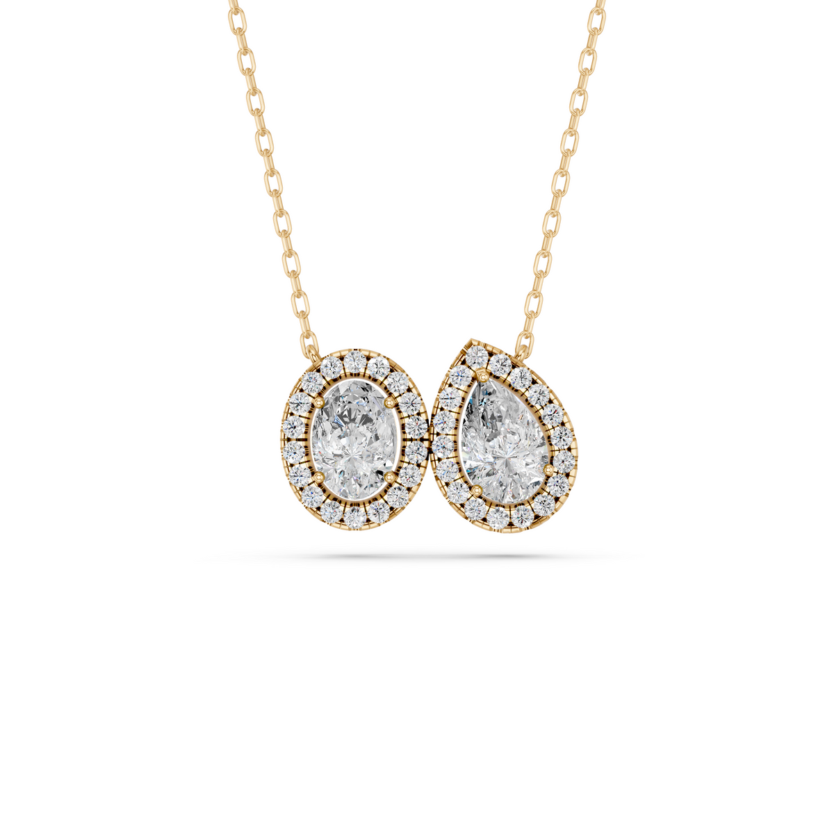 Oval And Pear Lab Diamond 2 Stone Halo Necklace in 14K Yellow Gold – top view