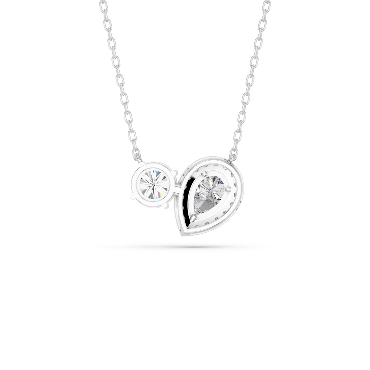 Round And Pear Lab Diamond 2 Stone Halo Necklace in 14K White Gold – back view