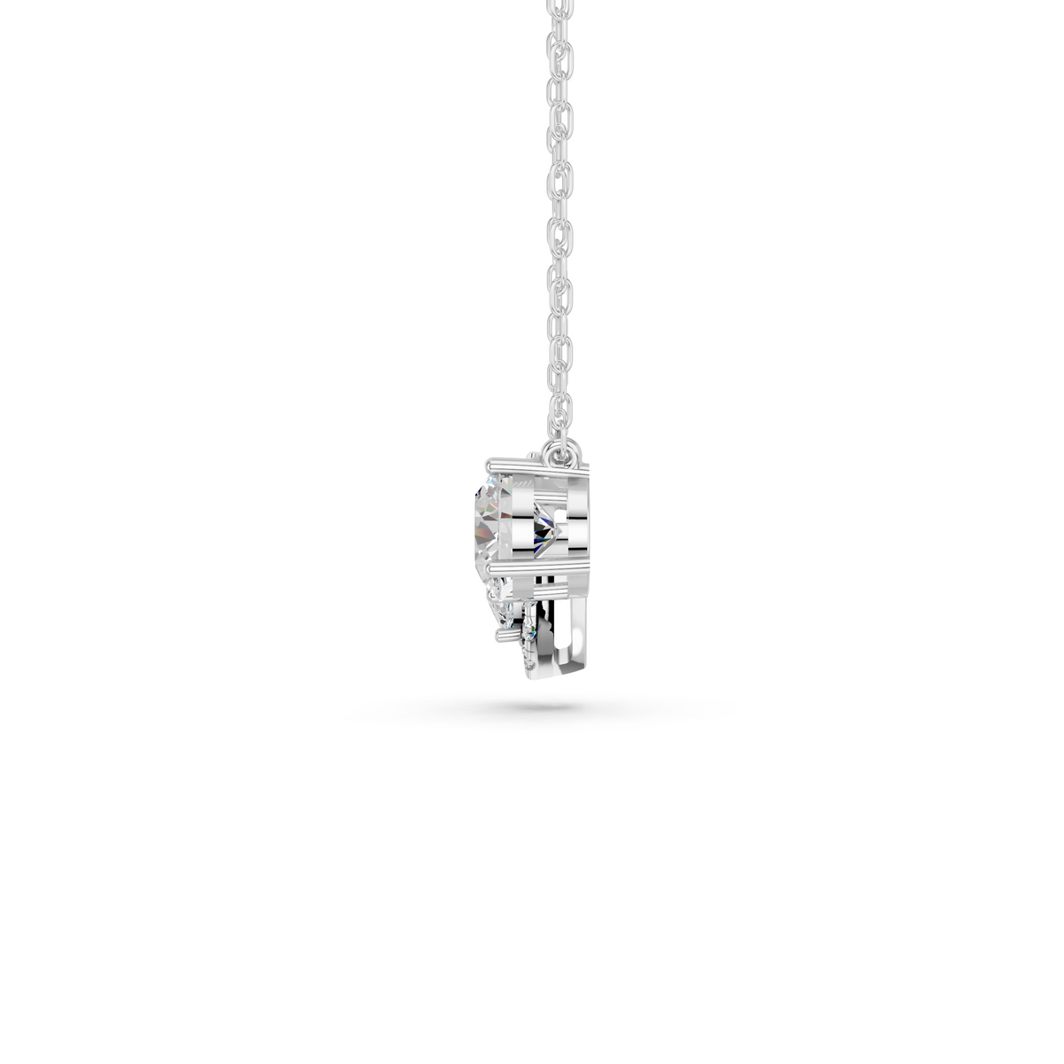 Round And Pear Lab Diamond 2 Stone Halo Necklace in 14K White Gold – side view