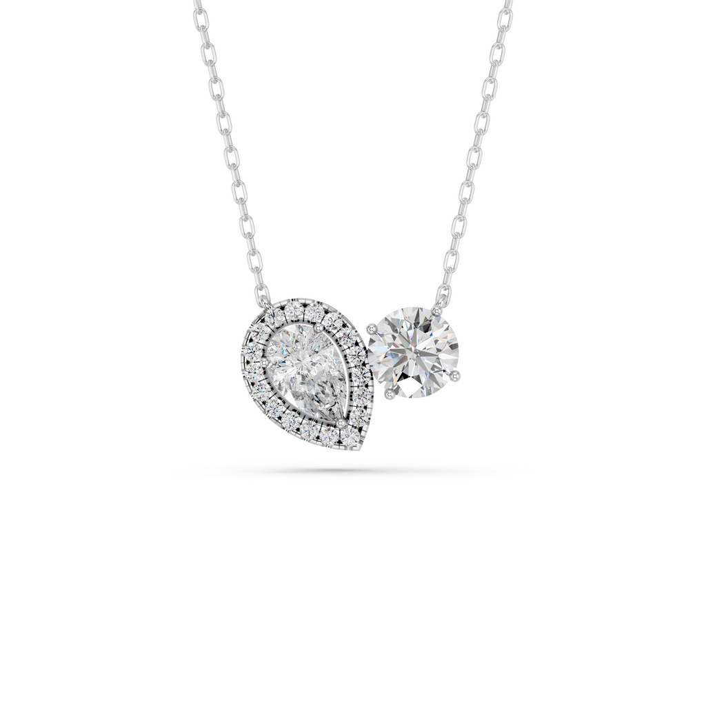 Round And Pear Lab Diamond 2 Stone Halo Necklace in 14K White Gold – top view