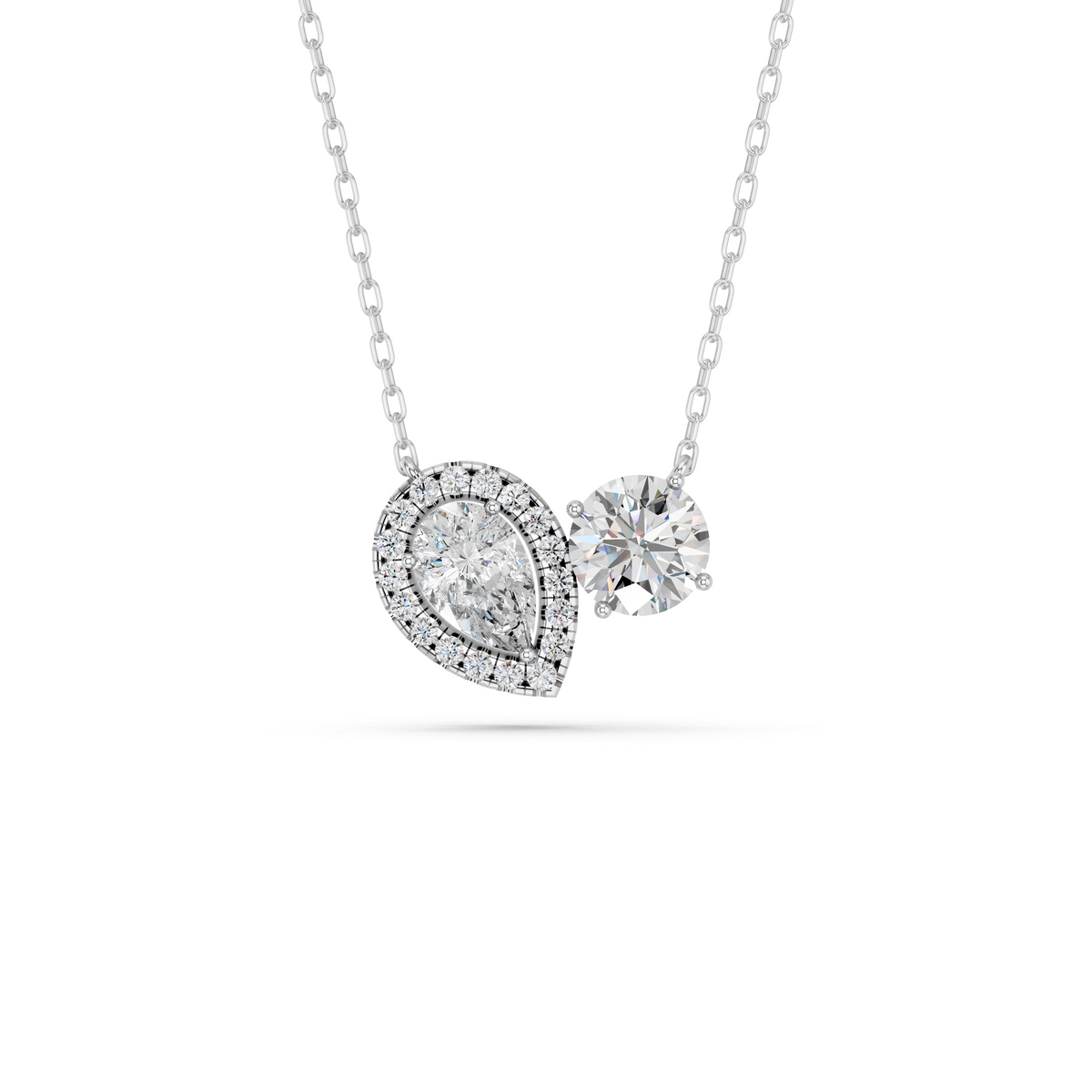 Round And Pear Lab Diamond 2 Stone Halo Necklace in 14K White Gold – top view