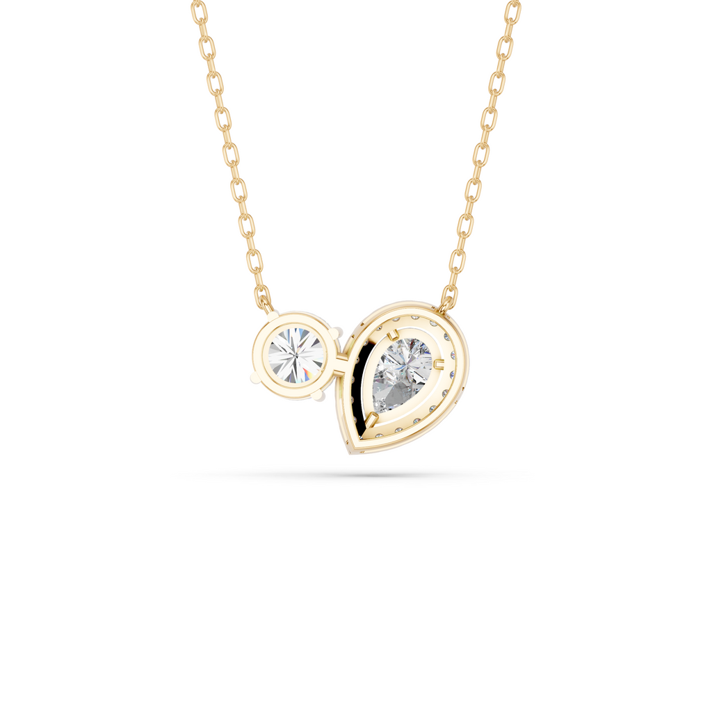 Round And Pear Lab Diamond 2 Stone Halo Necklace in 14K Yellow Gold – back view