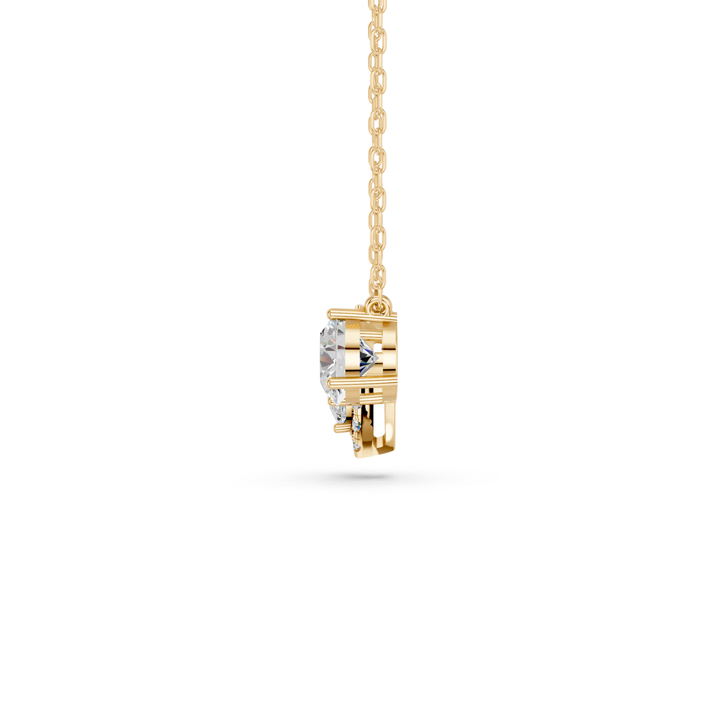 Round And Pear Lab Diamond 2 Stone Halo Necklace in 14K Yellow Gold – side view