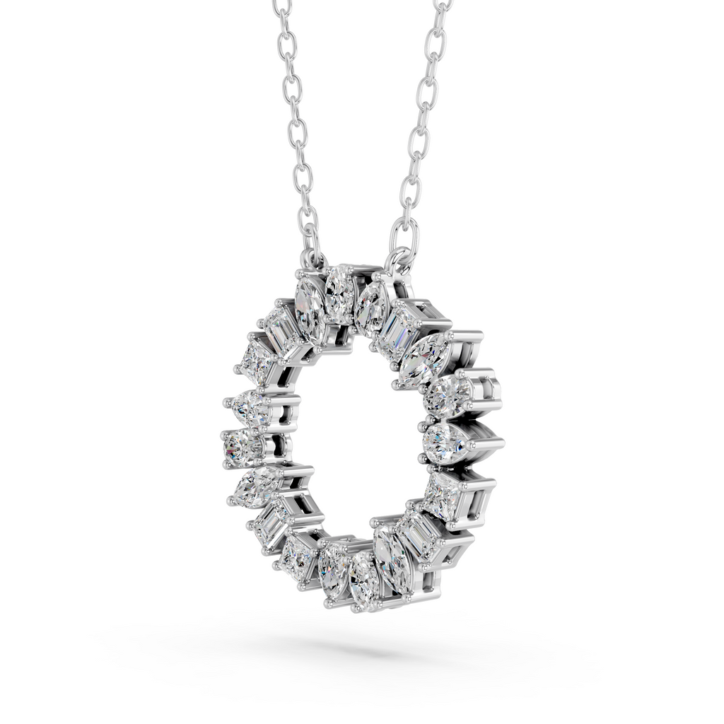 Multi Shape Lab Diamond Circle Pendant in 14K White Gold – angled view