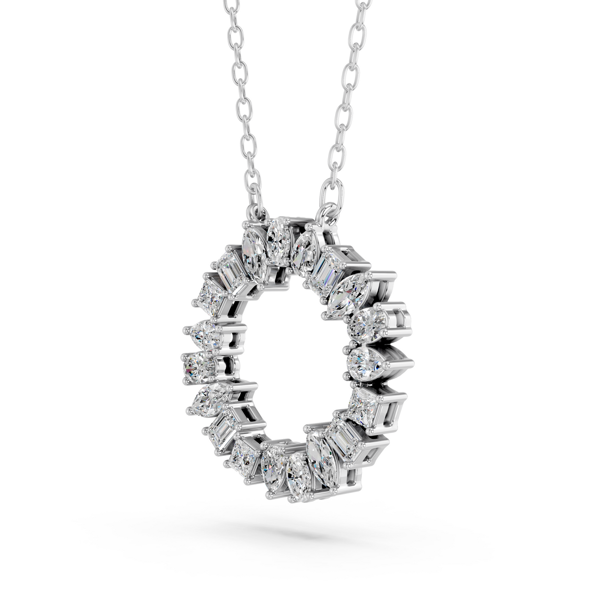 Multi Shape Lab Diamond Circle Pendant in 14K White Gold – angled view