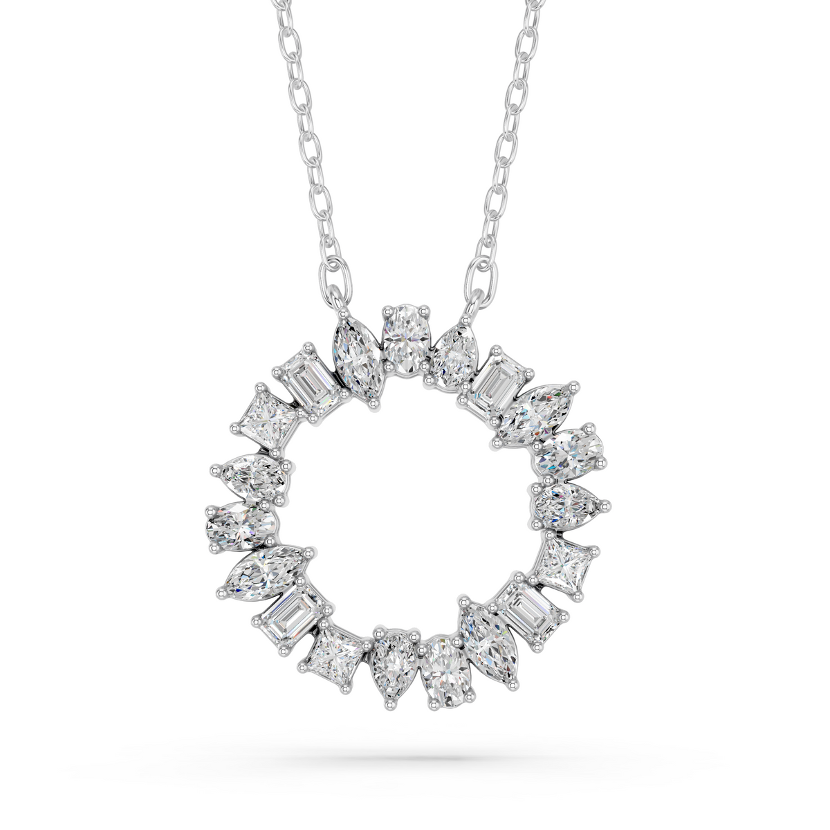 Multi Shape Lab Diamond Circle Pendant in 14K White Gold – top view
