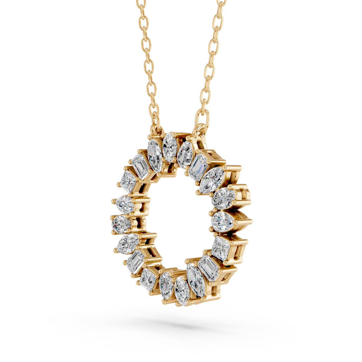 Multi Shape Lab Diamond Circle Pendant in 14K Yellow Gold – angled view