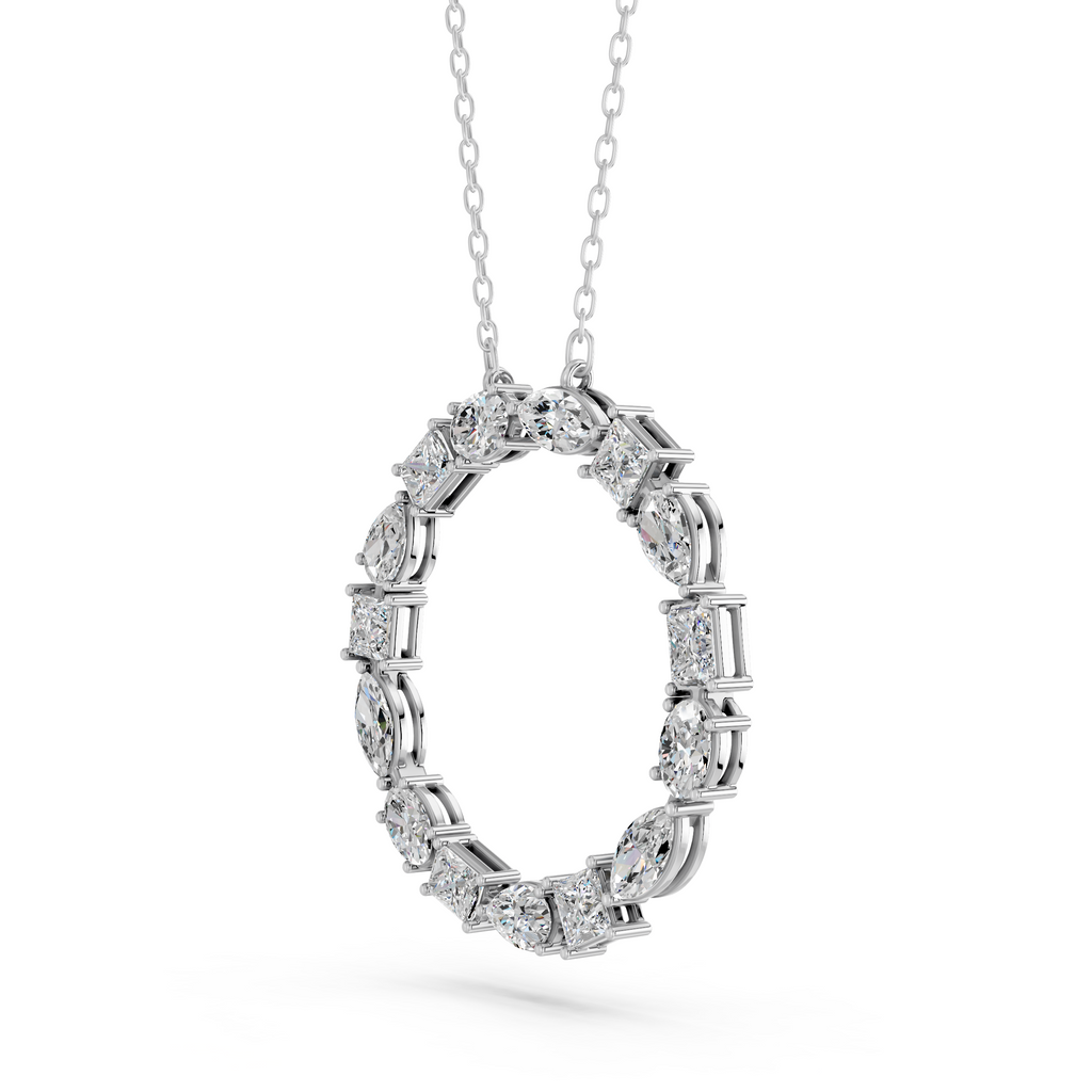 Multi Shape Lab Diamond Circle Pendant in 14K White Gold – angled view